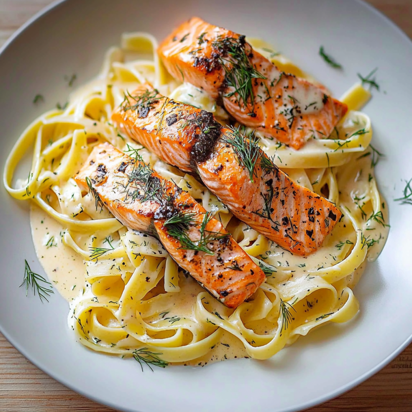 A plate of food with salmon and pasta.