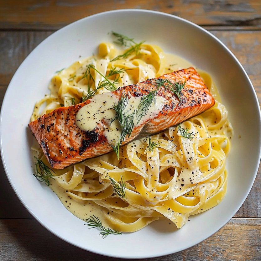 A plate of pasta with salmon on top.