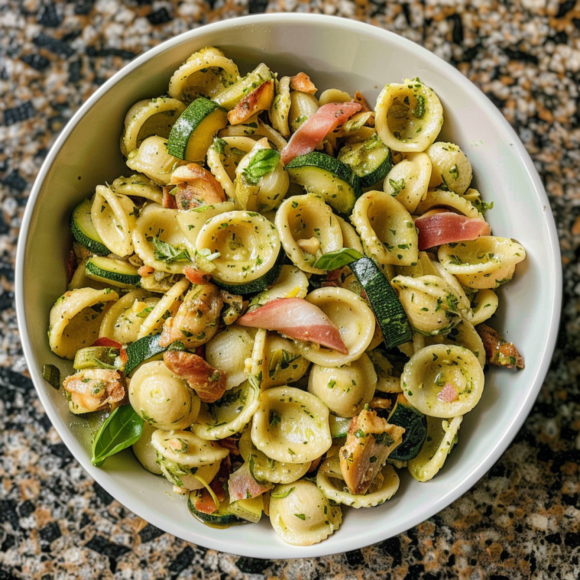 A bowl of pasta salad with zucchini, basil, and chicken.