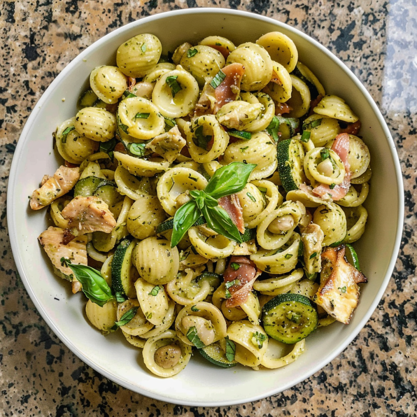 A bowl of pasta salad with chicken, zucchini, and basil.