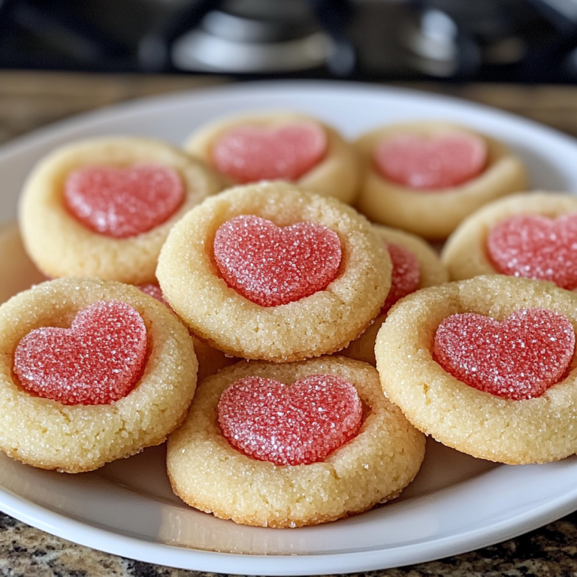 A plate of heart shaped cookies with pink icing and sugar.
