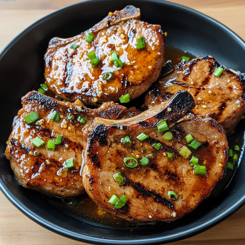 A bowl of juicy grilled pork chops with spicy peach glaze.