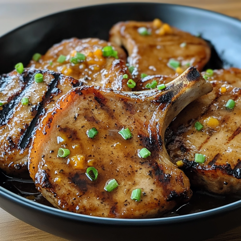 A bowl of juicy grilled pork chops with spicy peach glaze.