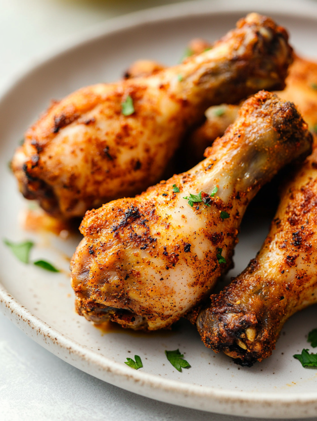 A plate of extra crispy air fryer chicken drumsticks.