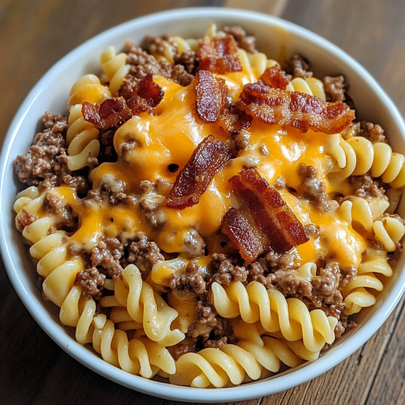 A bowl of pasta with bacon and cheese.