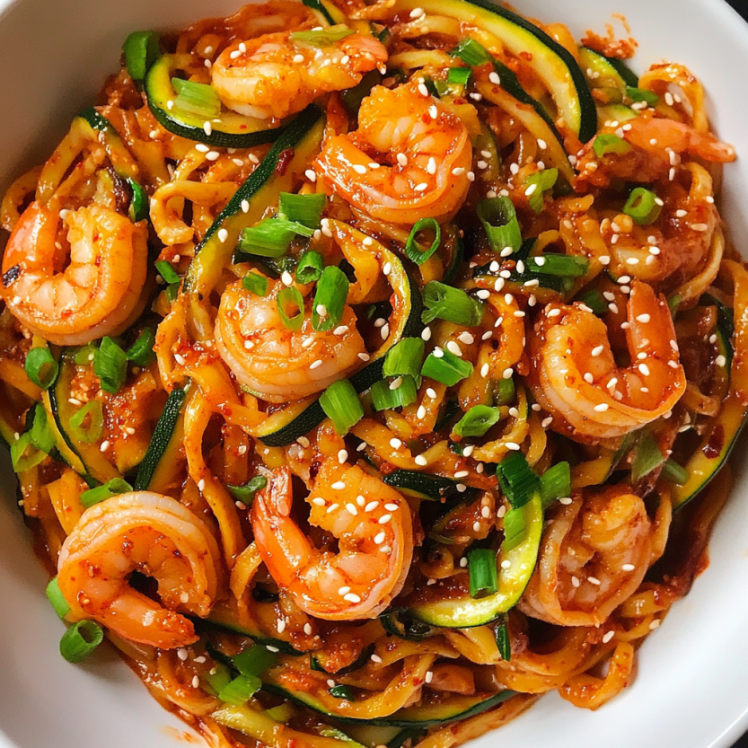 A bowl of noodles with shrimp and zucchini.