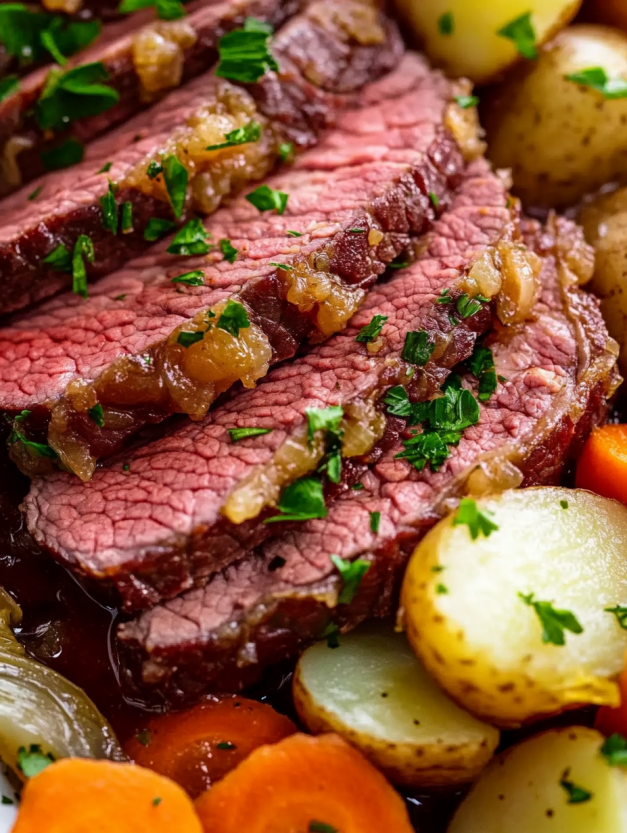 A mouthwatering corned beef and cabbage meal.
