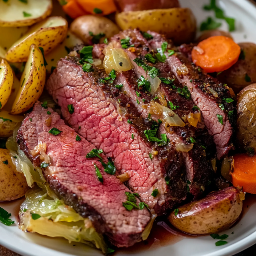 A mouthwatering corned beef and cabbage meal.