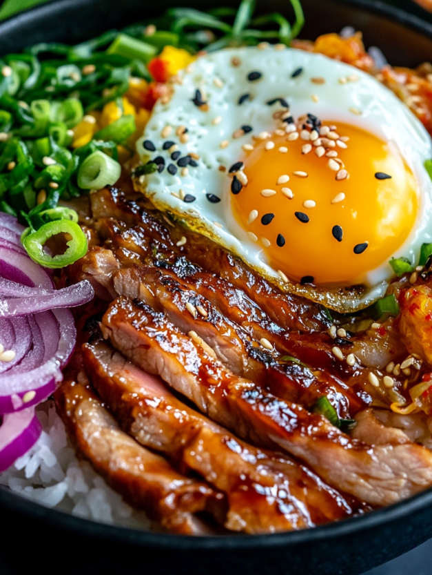 A close up of a delicious Korean BBQ pork bowl.