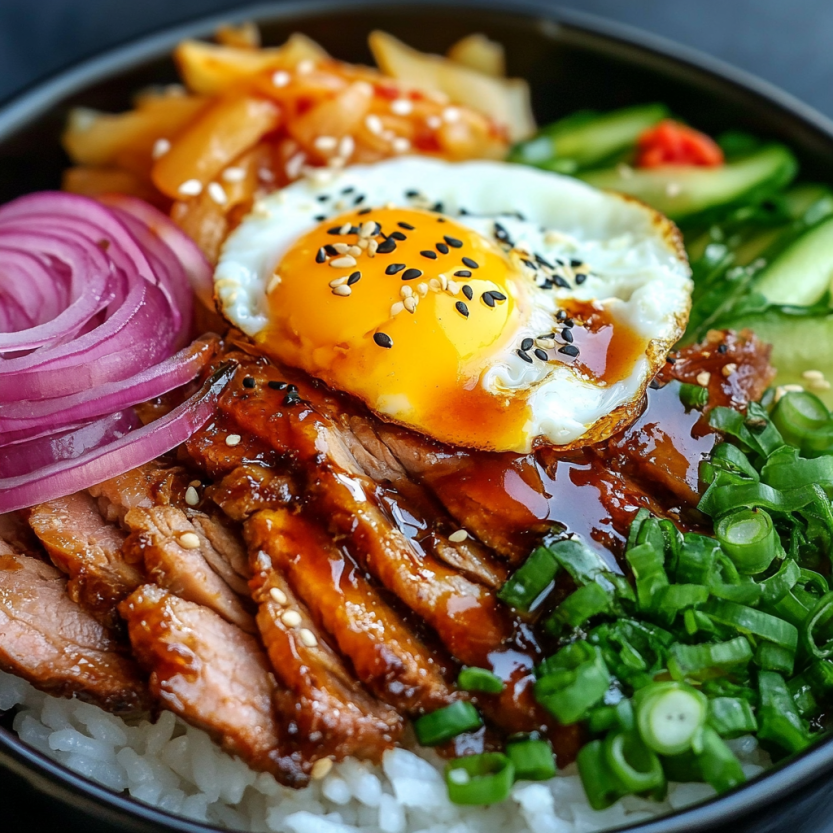 A bowl of Korean BBQ pork with rice and kimchi.