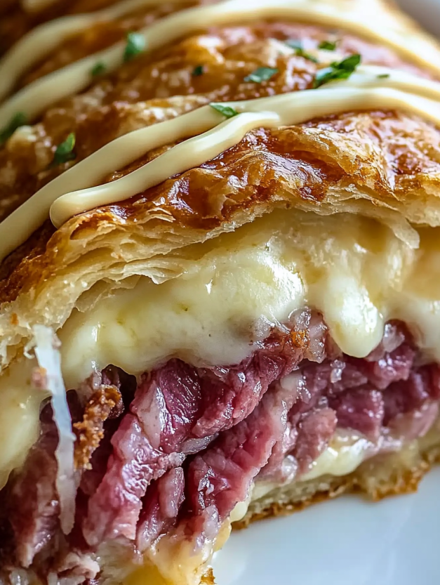 A slice of a Reuben Crescent Bake.
