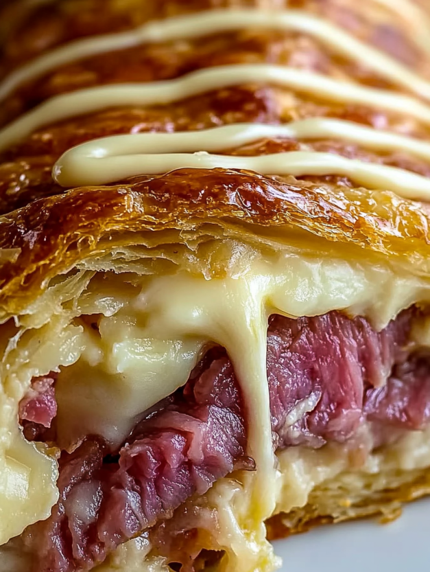 A close up of a Reuben Crescent Bake.