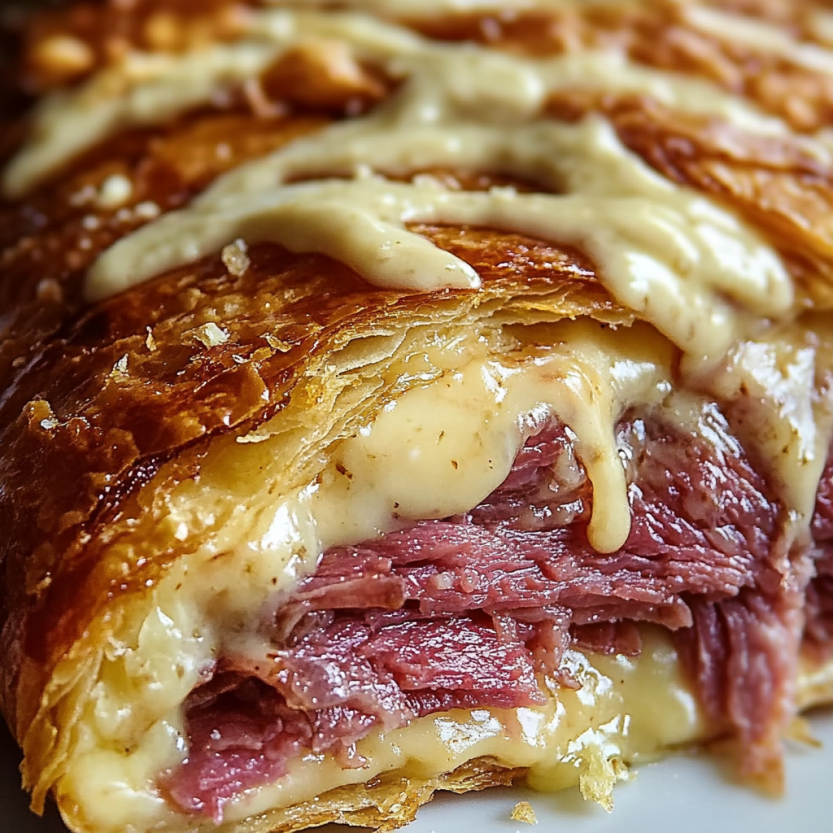 A Reuben Crescent Bake with cheese and meat.