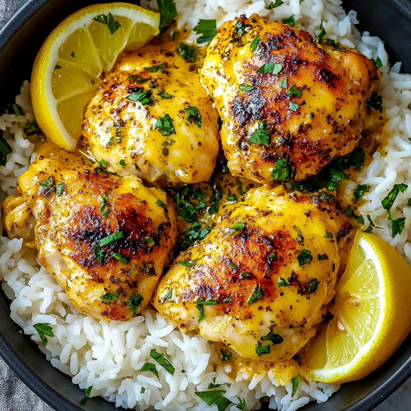 A bowl of rice and chicken with lemon wedges on top.