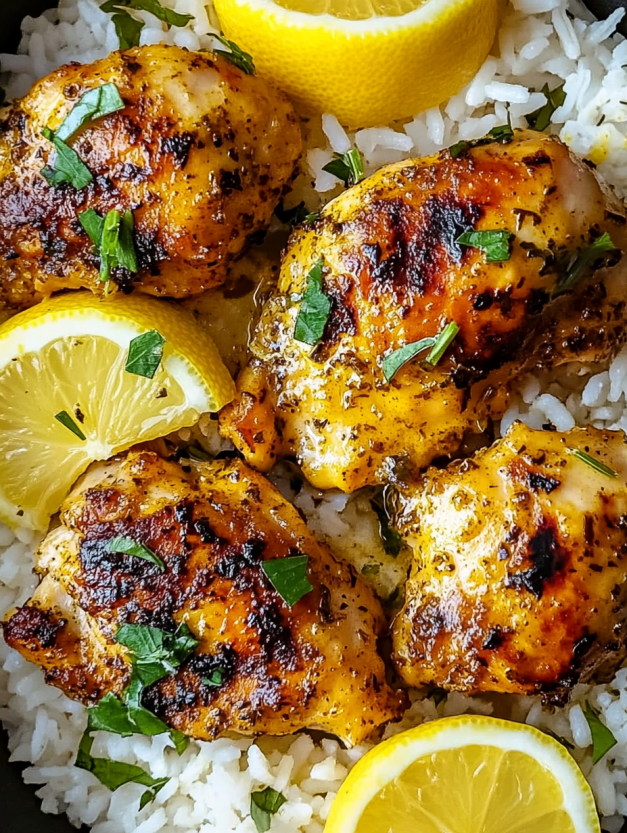 A plate of chicken with rice and lemon.
