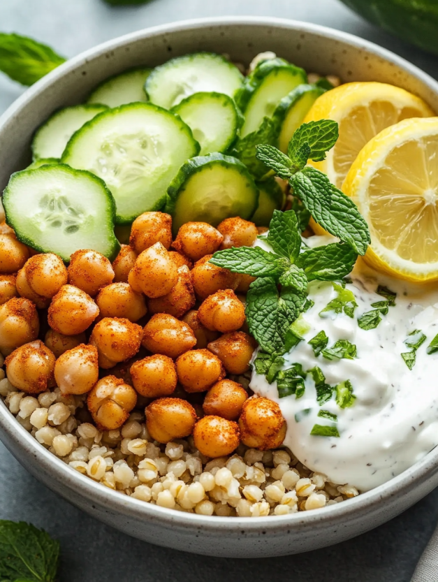 A bowl of food with chickpeas, cucumbers, and lemon wedges.
