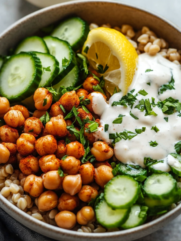 A bowl of healthy grain bowls with chickpeas and tahini dressing.