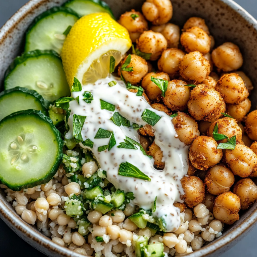 A bowl of food with chickpeas, cucumber, lemon, and tahini.