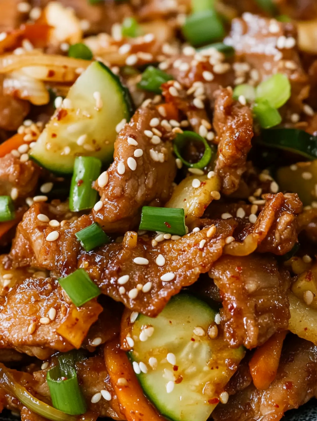 A plate of pork bulgogi with vegetables.