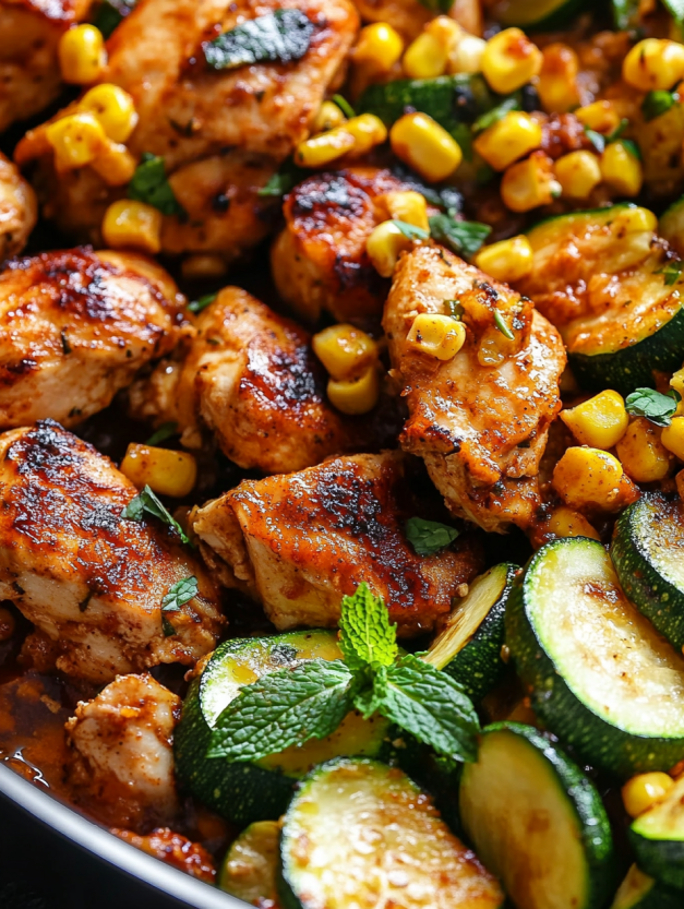 A dish of garlic butter chicken with zucchini and corn.