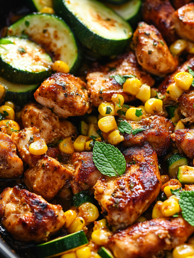A delicious meal of garlic butter chicken with zucchini and corn.