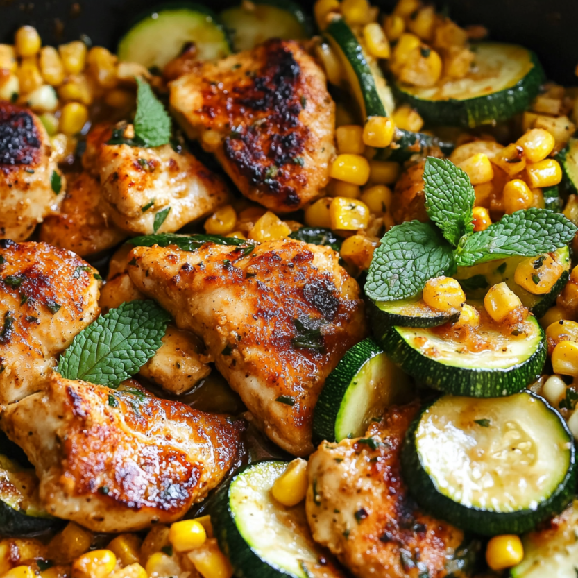 A dish of chicken with zucchini and corn.