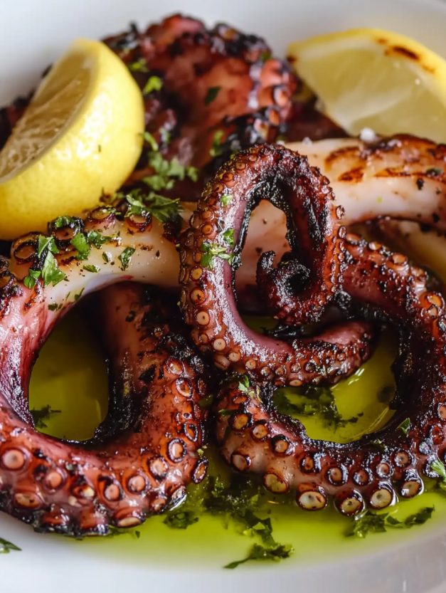 Grilled octopus with lemon and herbs.