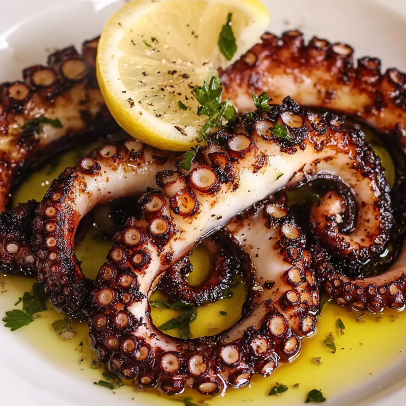 Grilled octopus with lemon and herbs.