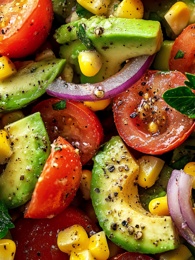 A salad with tomatoes, corn, and avocado.