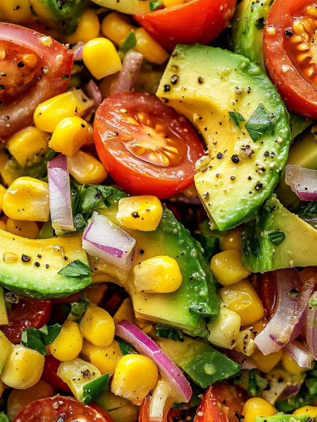 A close up of a salad with tomatoes, corn, and avocado.