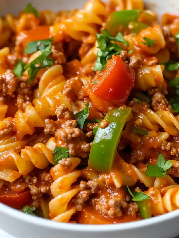 A bowl of pasta with meat and vegetables.