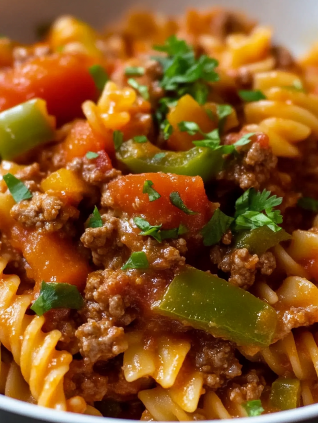 A plate of pasta with meat and vegetables.