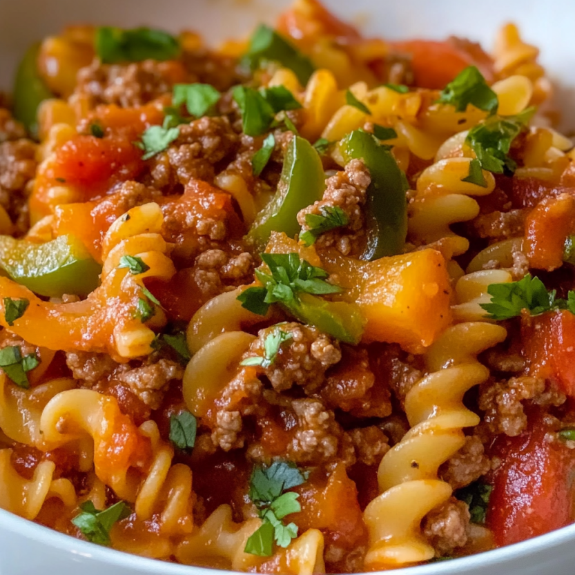 A bowl of fajita pasta with meat and vegetables.
