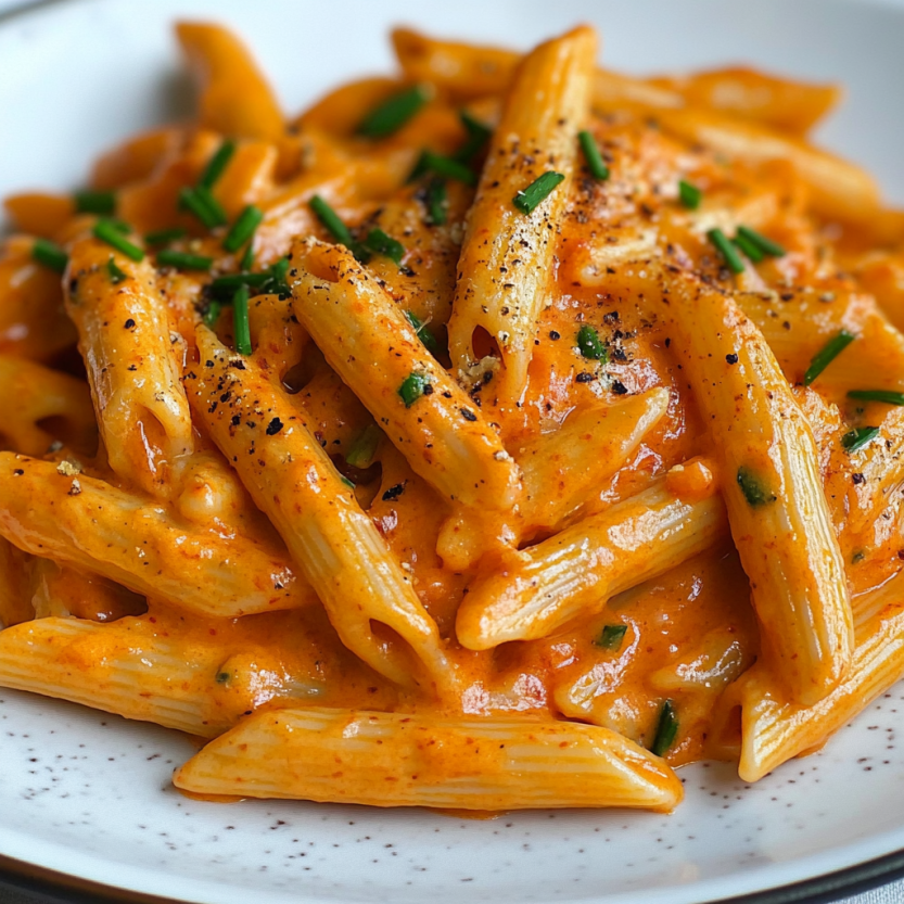 A plate of pasta with a red sauce.