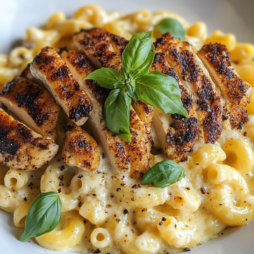 A plate of creamy chicken garlic parmesan pasta.