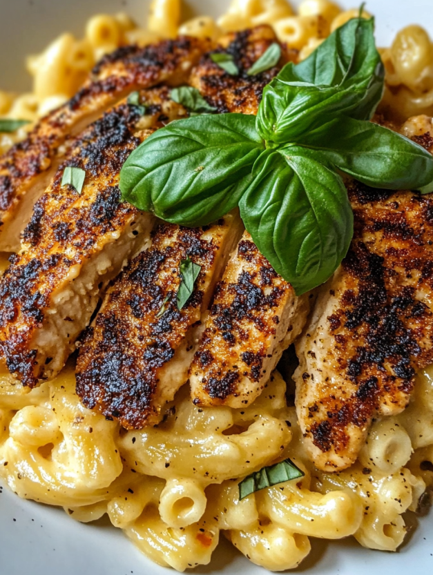 A close up of a delicious creamy chicken garlic parmesan pasta dish.