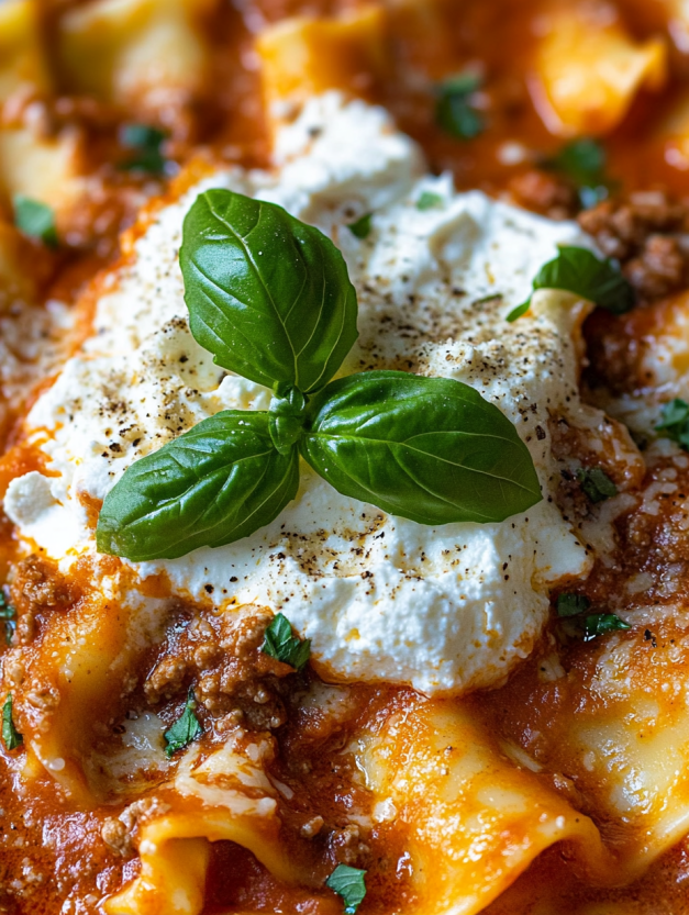 A close up of a creamy lasagna soup with a green leaf on top.