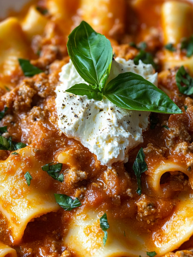 A bowl of creamy lasagna soup with a dollop of sour cream on top.
