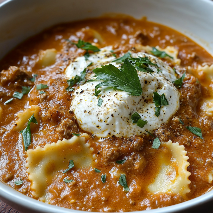 A bowl of creamy lasagna soup with a dollop of cream on top.