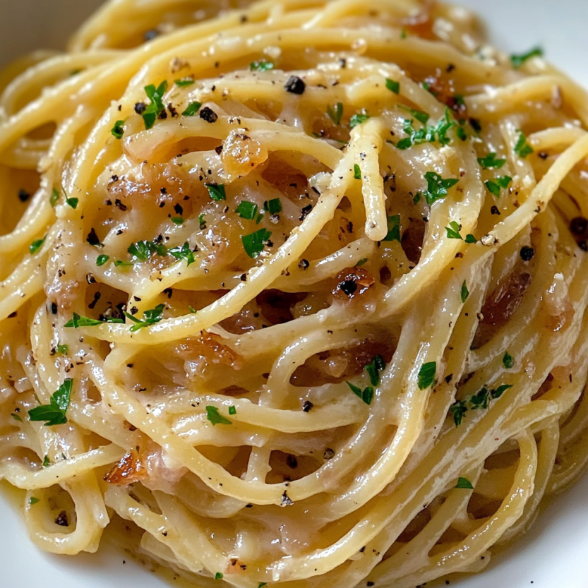 A plate of pasta with caramelized onions.
