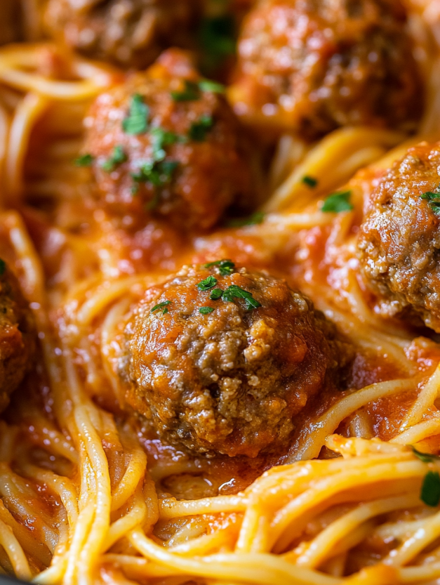 A plate of spaghetti with meatballs on top.