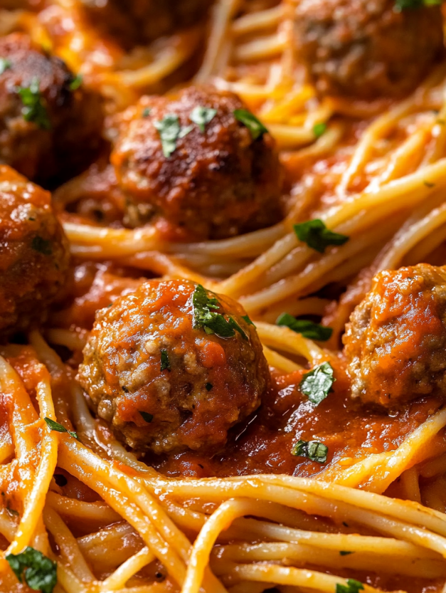 A plate of spaghetti with meatballs on top.