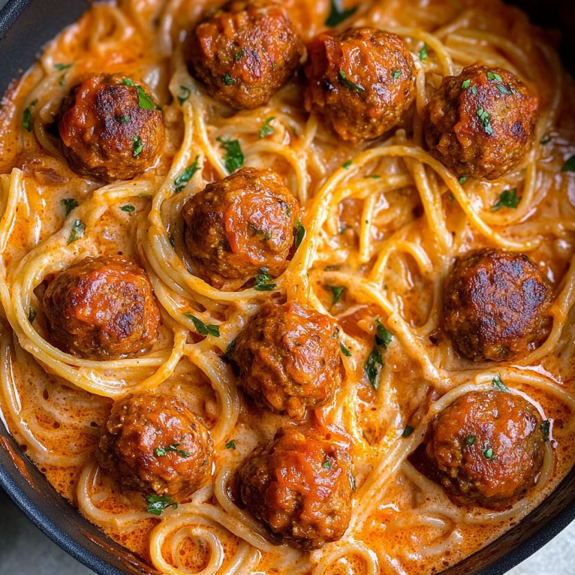 A bowl of creamy spaghetti and meatballs.