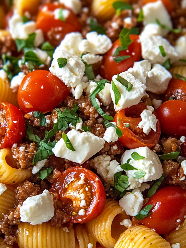 A dish of pasta with tomatoes and cheese.