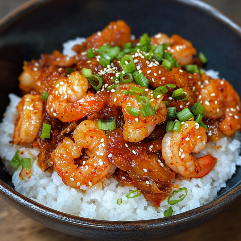 A bowl of shrimp with a sauce on top.