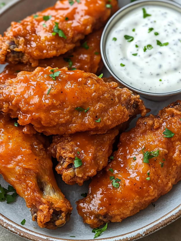 Crispy Buffalo Chicken Tenders with a side of ranch dressing.