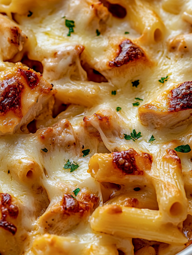 A close up of BBQ chicken mac and cheese.