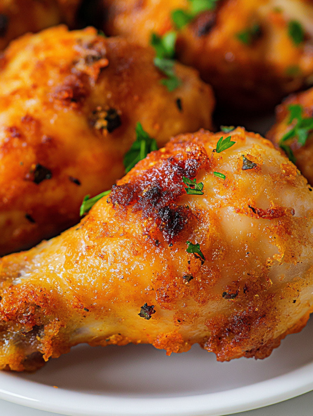 A plate of baked fried chicken.