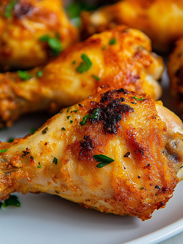 A plate of baked fried chicken.