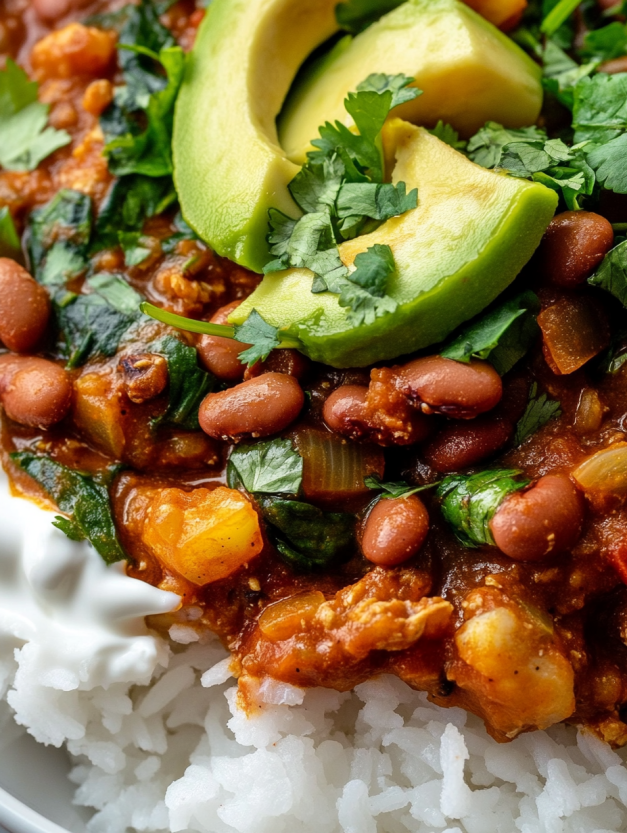 A bowl of Chipotle Pinto Bean and Plantain Stew.